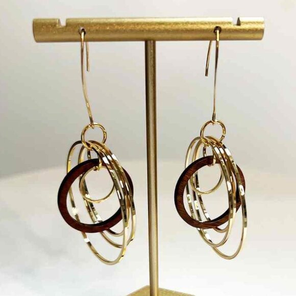 Gold and Wood Circle Earrings - Picture 2 of 3
